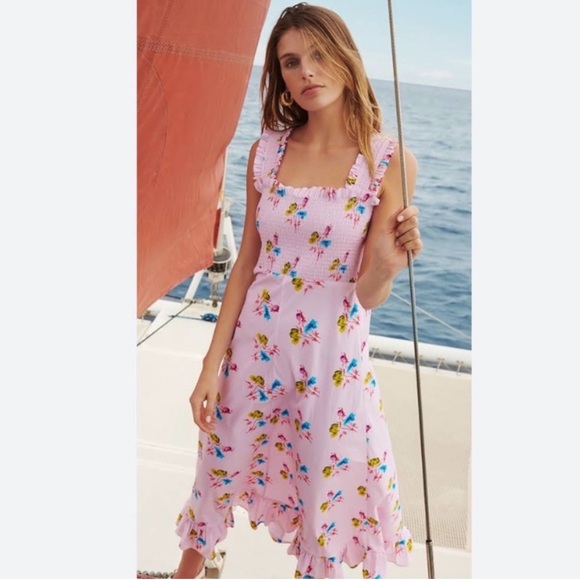 GANNI | Smocked Pink Floral Midi Dress, Size FR 34/US 2 100% Cotton - Picture 2 of 14